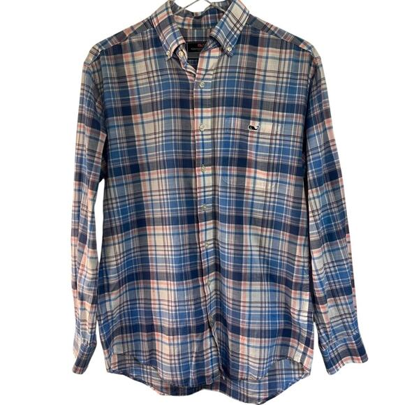 Vineyard Vines men’s small long sleeved blue white pink plaid button down shirt - Picture 1 of 7